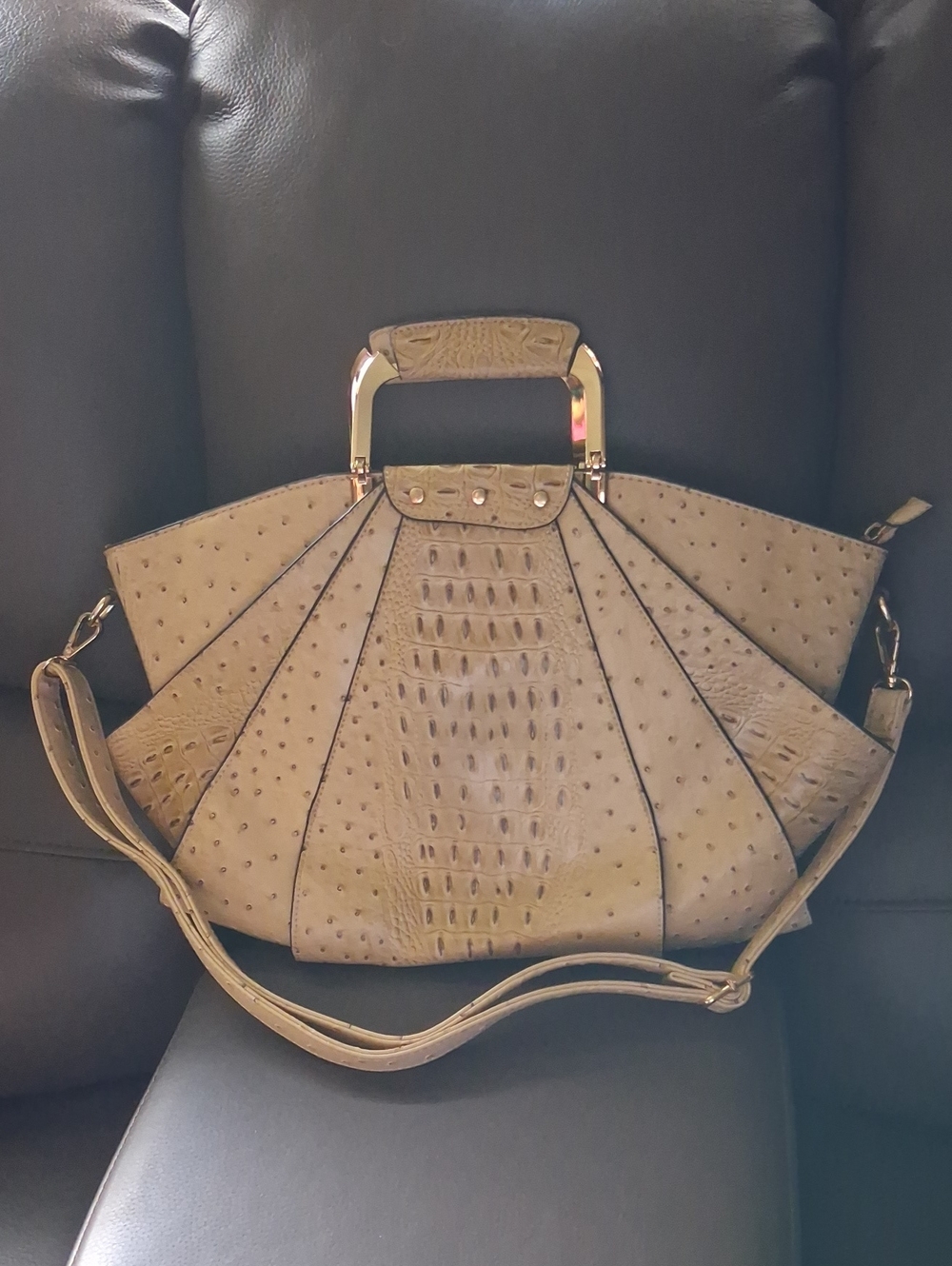 Elegant Tan Structured Satchel with Gold Top Handle